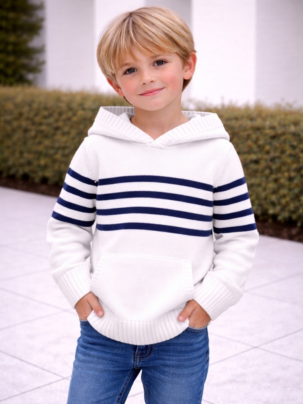 Janie and Jack White Hooded Sweater with Navy Stripes 100% cotton